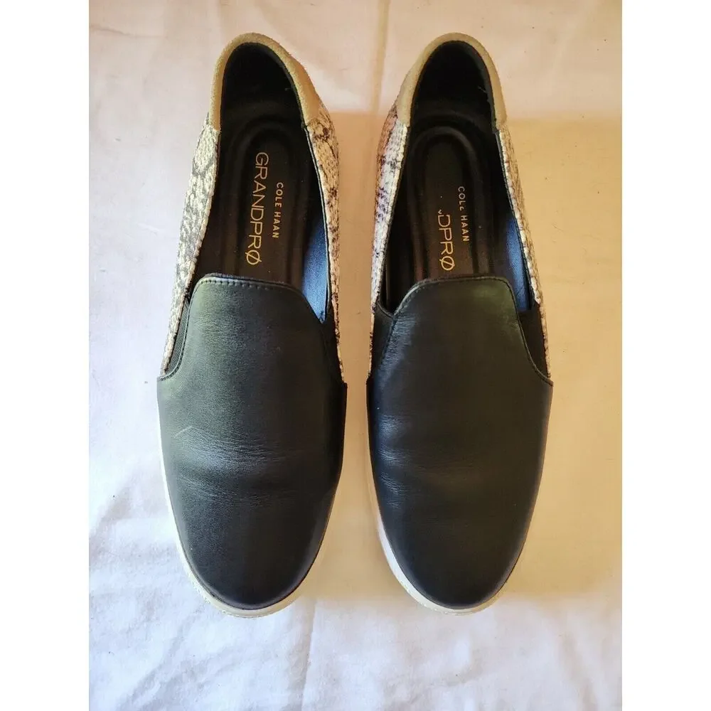 Cole Haan Shoes Womens 9.5 B Grandpro Black Leather Sneakers Snake Print W15434